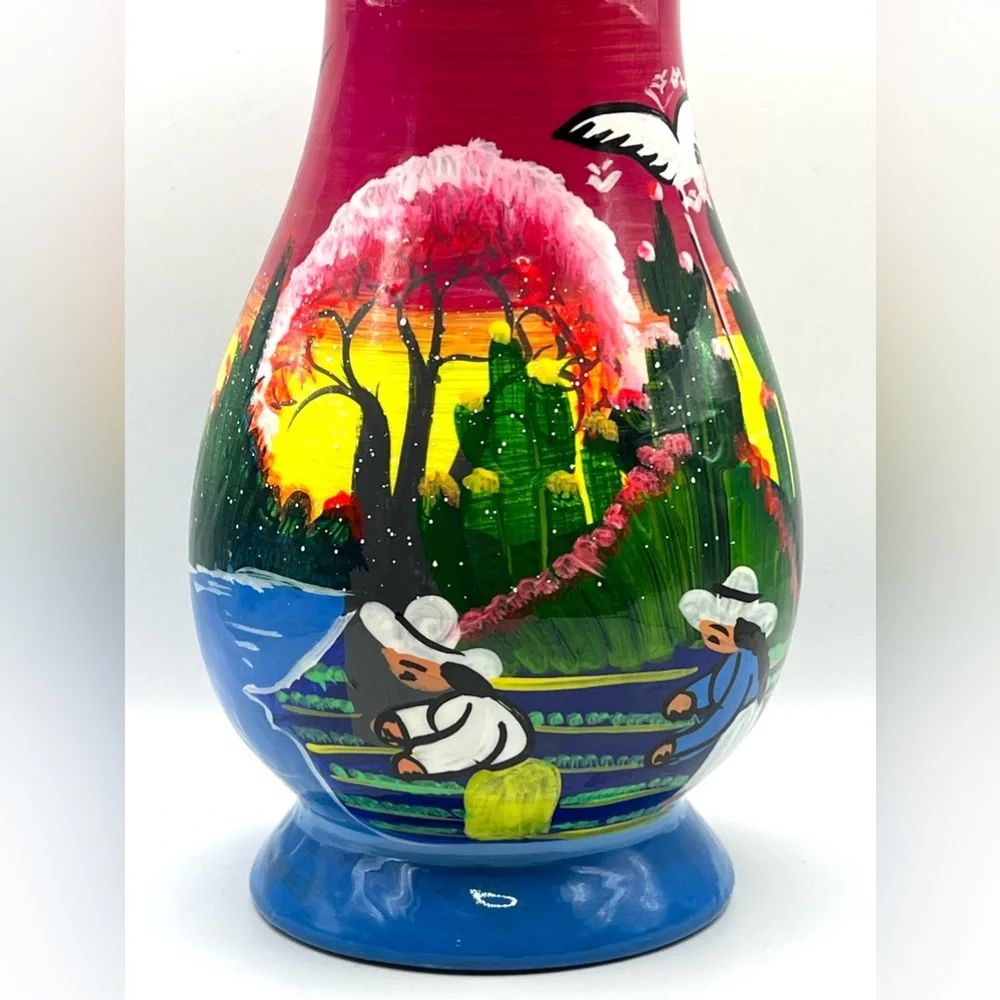 Mexican Talavera Folk Art Handpainted Colorful Flower Decorative Vase 8.5 in